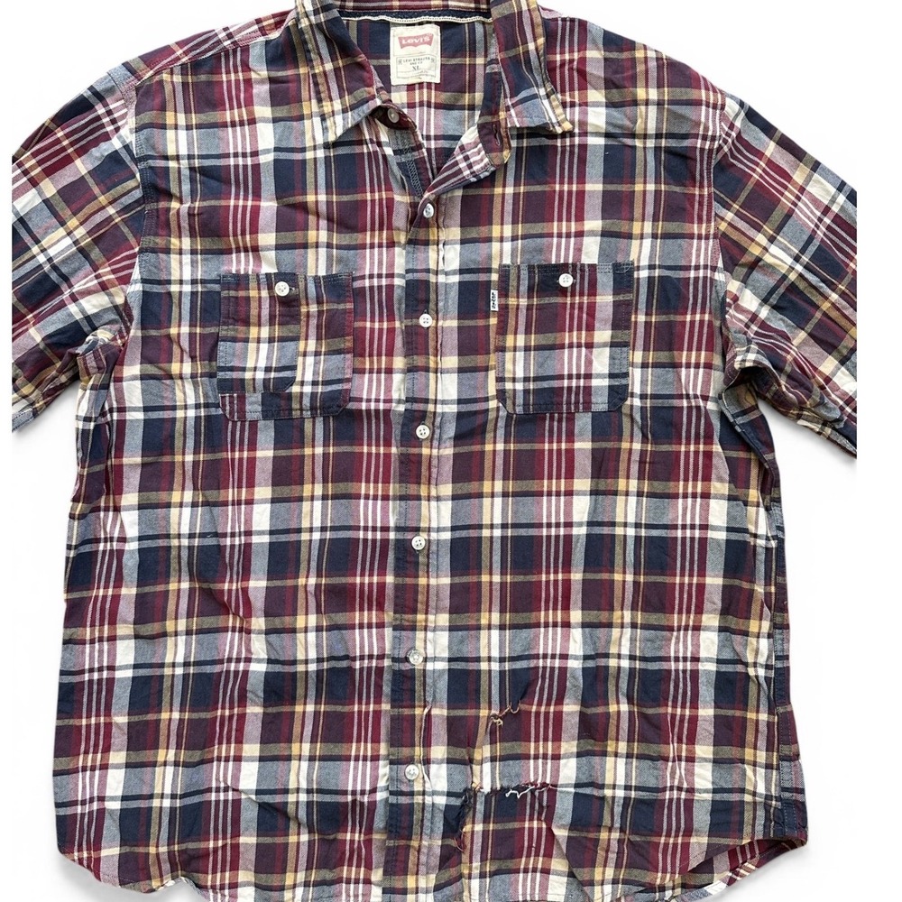 Levi's Plaid Flannel Shirt Mens XL Burgundy Navy Fair Distressed Grunge *Flawed*